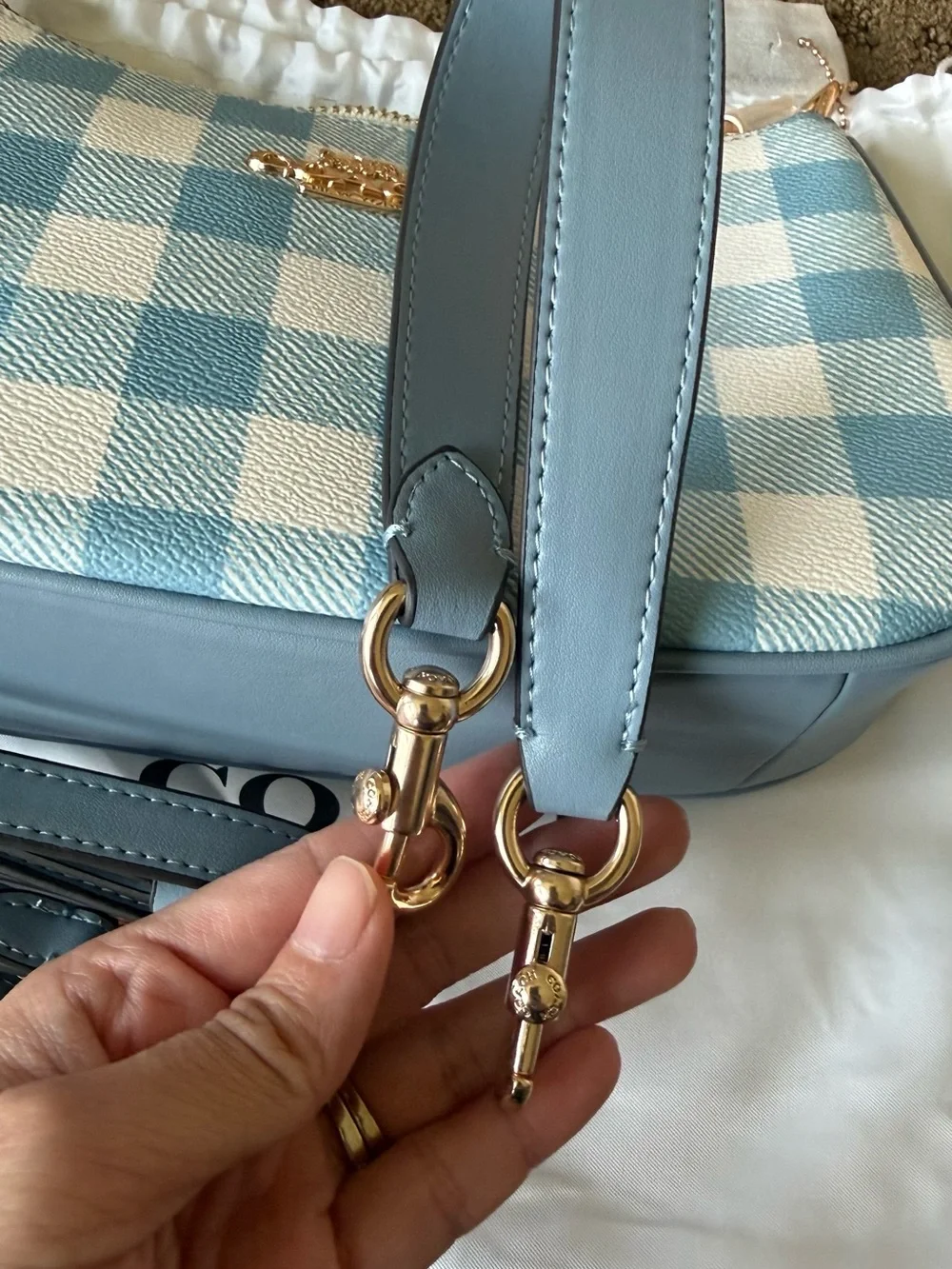 NWOT Coach Teri Shoulder Bag Gingham Print Jacquard Blue CES65 Crossbody